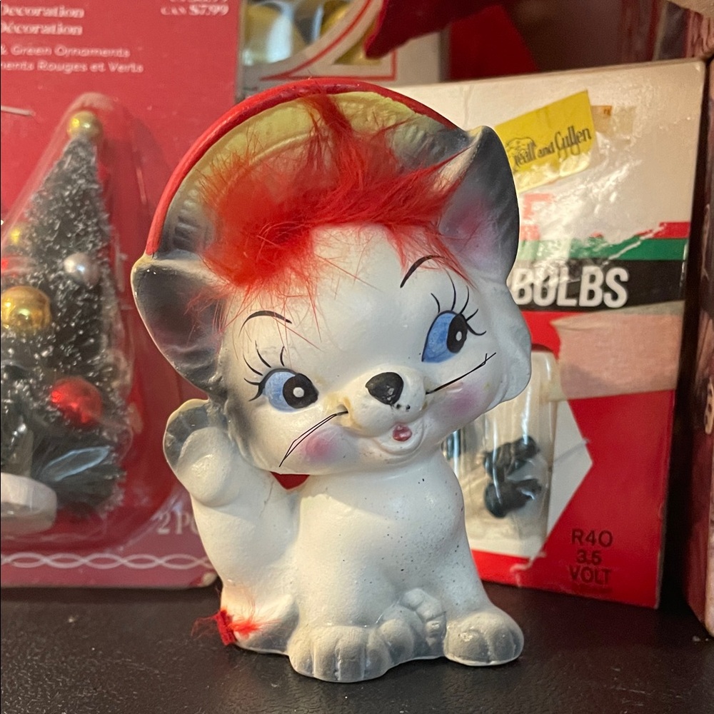 Vintage Japan Kitsch Ceramic Cat With Fur Figurine